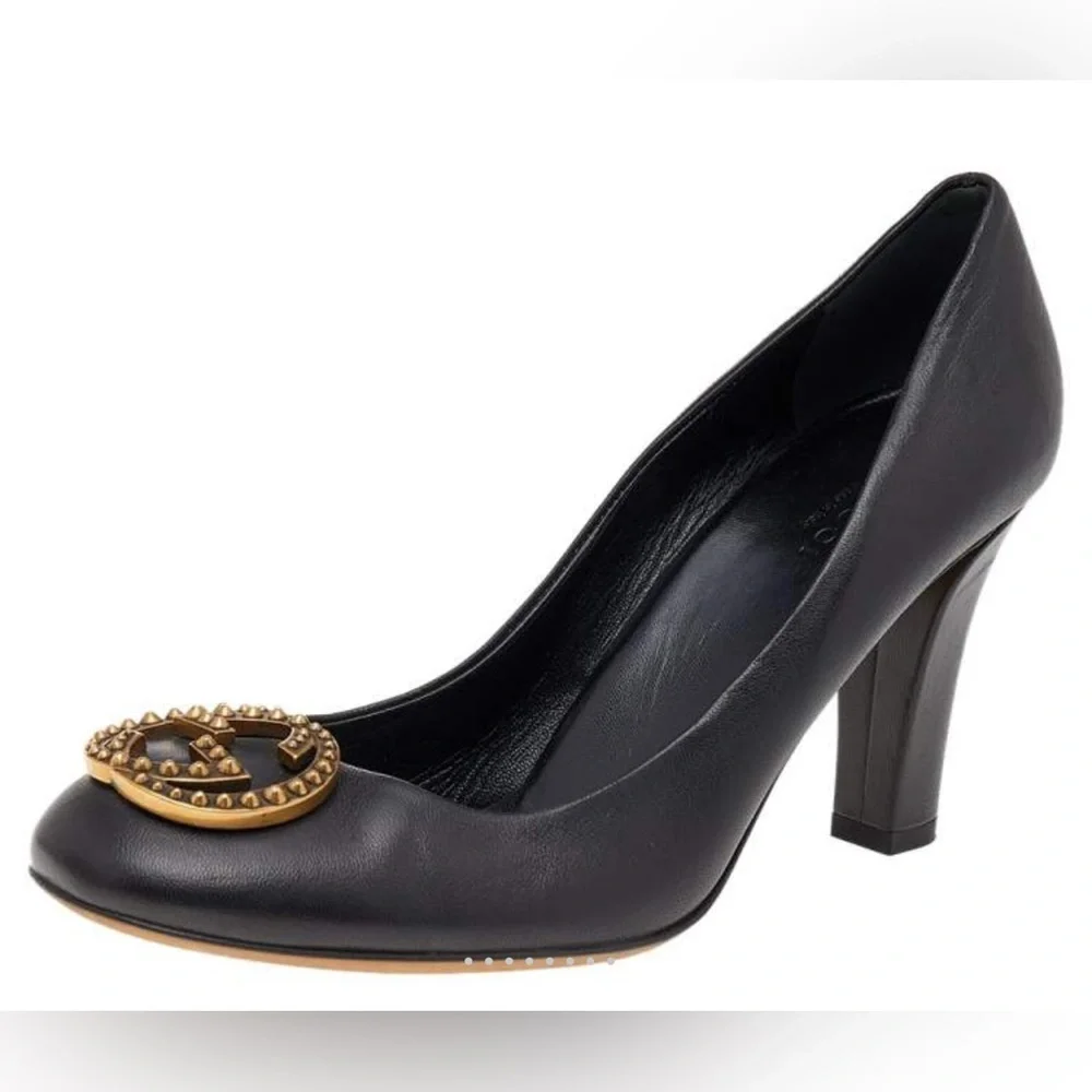 Gucci Black Heels with Iconic Gucci Gold Emblem